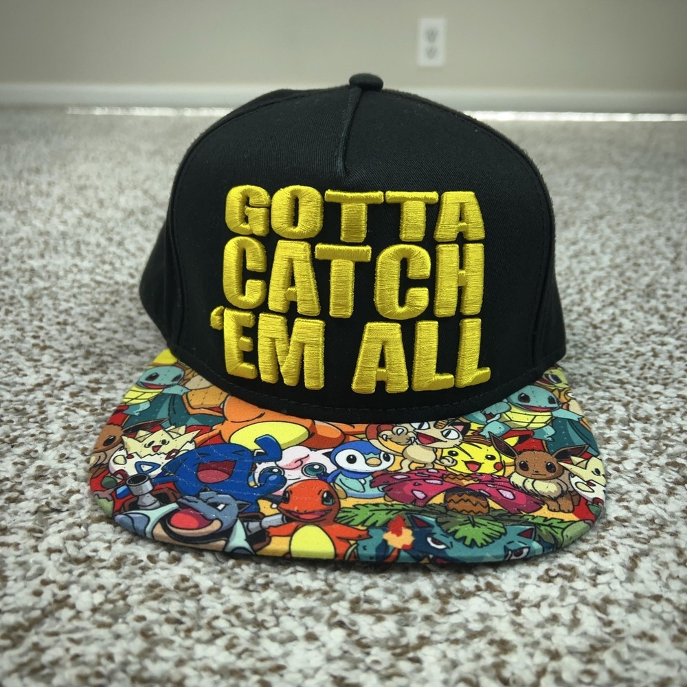 Pokemon Mens Hat Cap Snapback Black Gotta Catch Em All Anime Colorful Brim